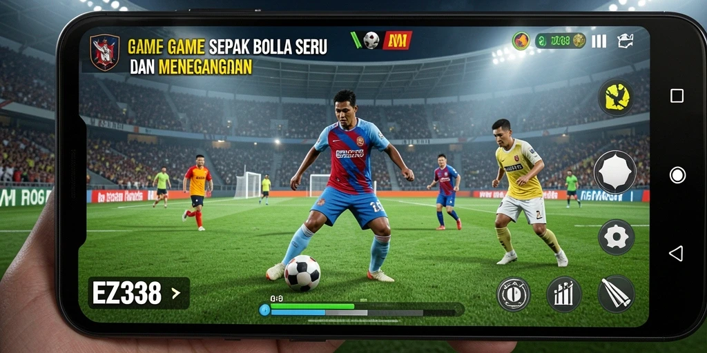 Screenshot gameplay EZ338 yang menunjukkan aksi pertandingan sepak bola.