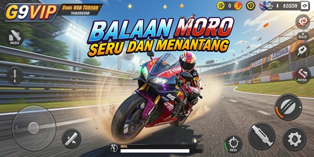 Screenshot G9VIP menampilkan aksi balapan motor yang mendebarkan.