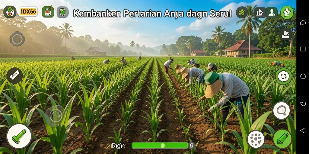 Tampilan gameplay IDX66 dengan lahan pertanian yang subur dan hewan ternak yang bahagia.