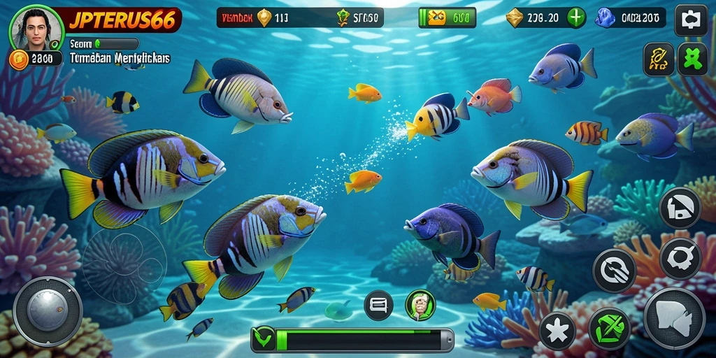 Tangkapan layar gameplay JPTERUS66 yang menampilkan aksi menembak ikan.